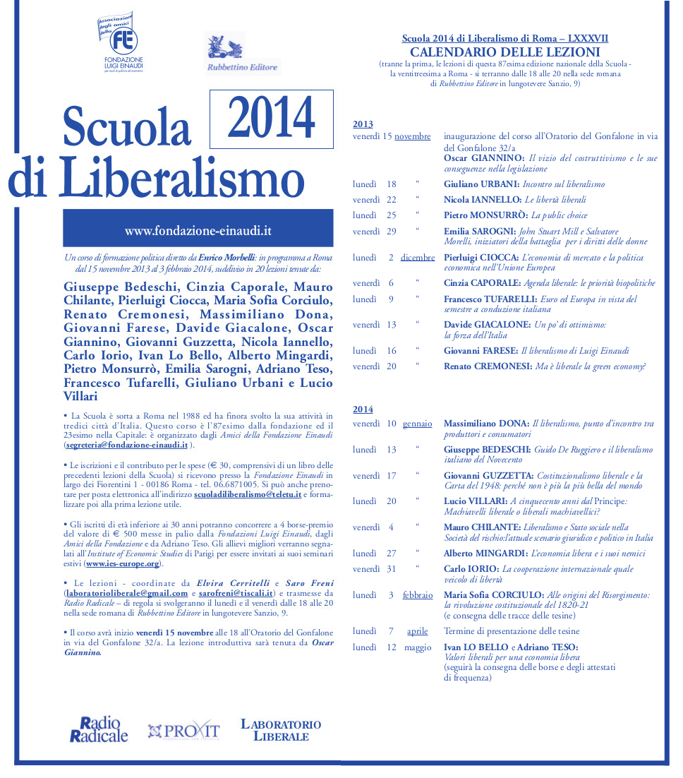 Scuola di Liberalismo 2014 – calendario delle lezioni