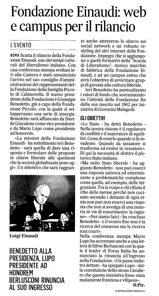 “Einaudi Foundation: the web and a campus for a political recovery”: an article published by ‘Il Messaggero’ newspaper, February 4th, 2016.