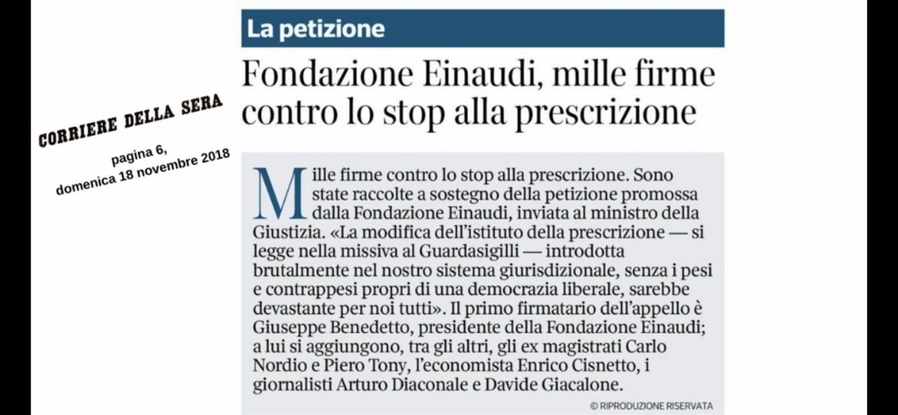 Fondazione Einaudi, mille firme contro lo stop alla prescrizione