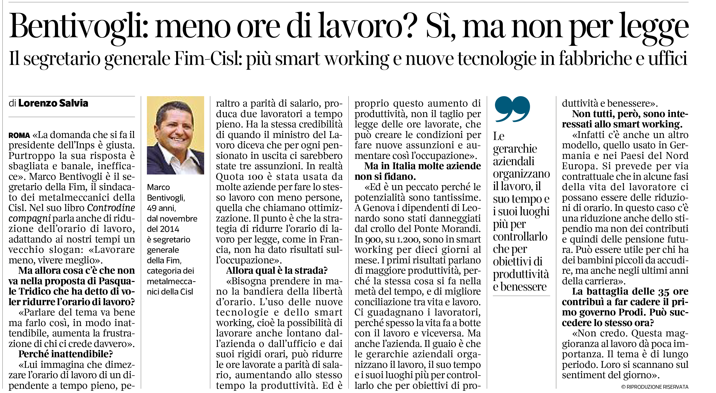 Bentivogli: meno ore di lavoro? Sì, ma non per legge