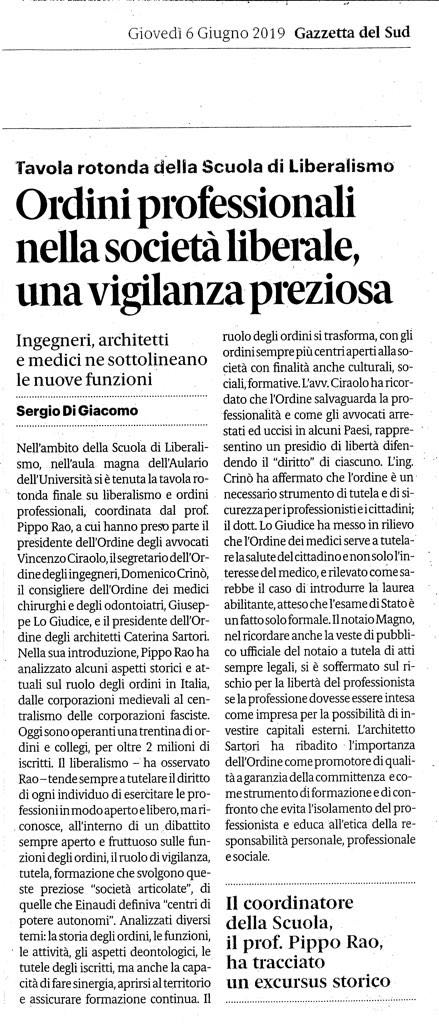 Ordini professionali nella società liberale, una vigilanza preziosa – Gazzetta del Sud 06/06/2019