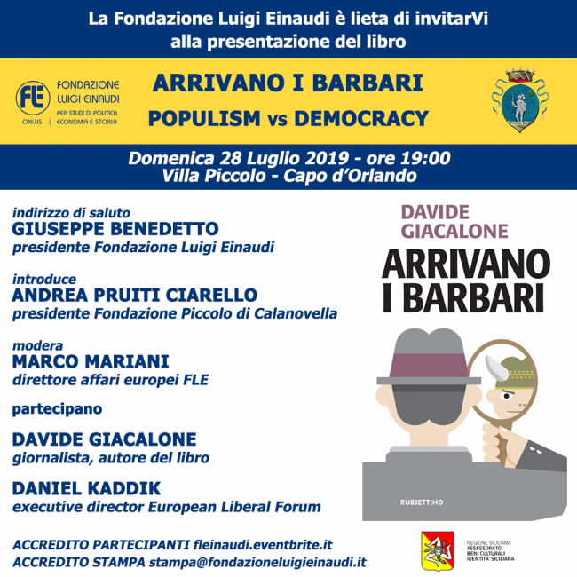 Presentazione del libro “Arrivano i barbari” di Davide Giacalone, a Villa Piccolo – Capo d’Orlando