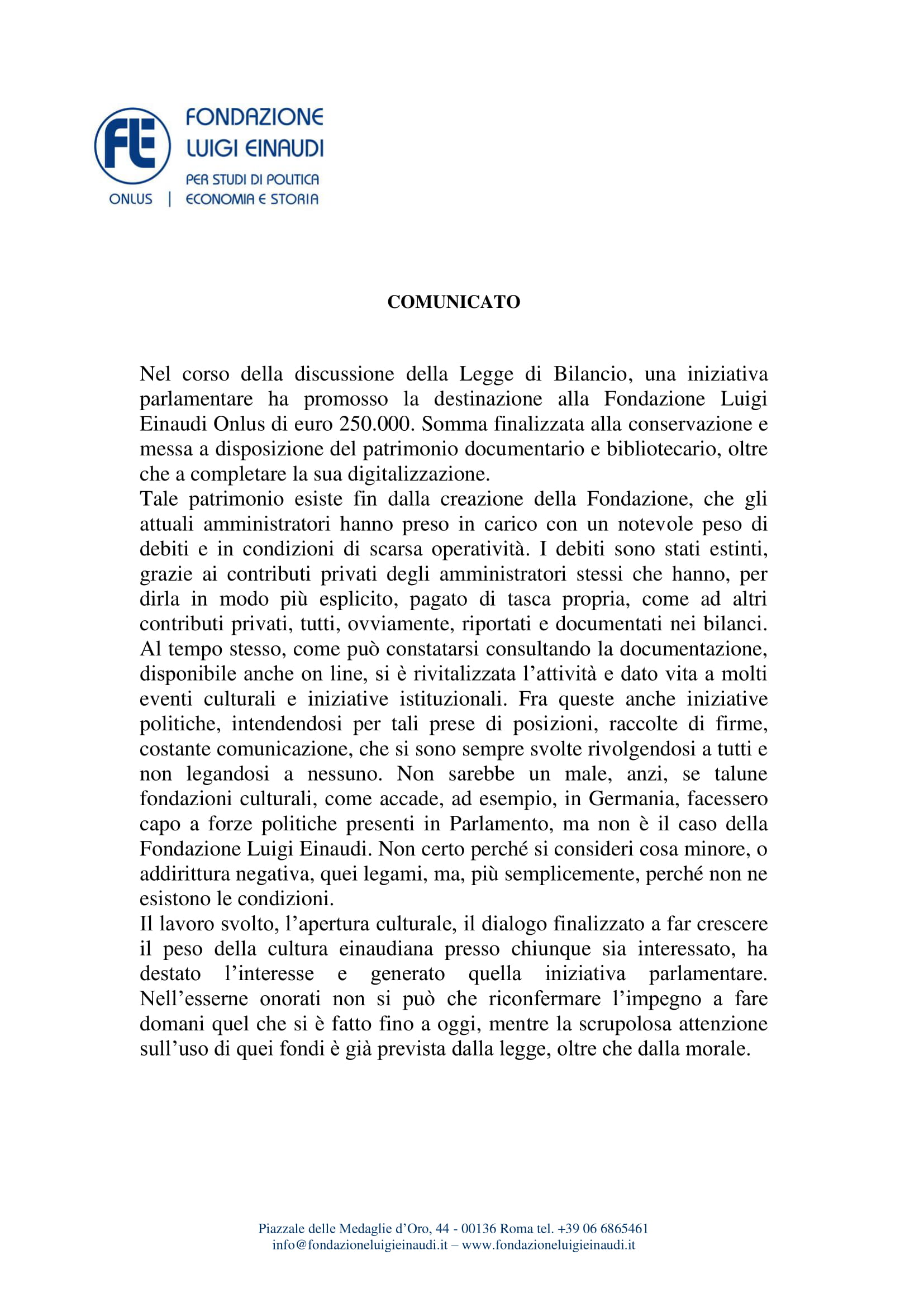 Comunicato della Fondazione Luigi Einaudi