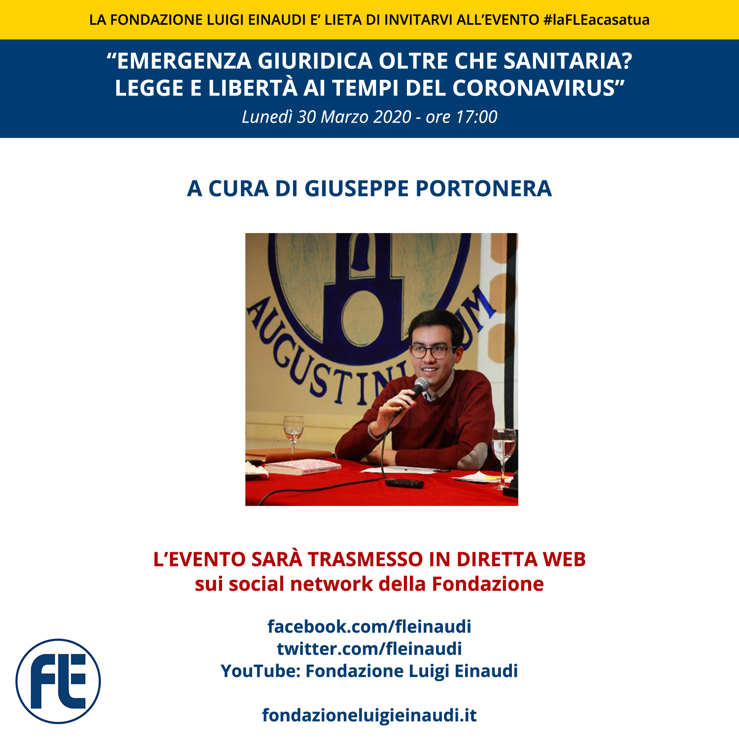 #FLEatHome – Live with GIUSEPPE PORTONERA, “Healthcare emergency and legal priorities: laws and freedoms in the days of the Coronavirus”