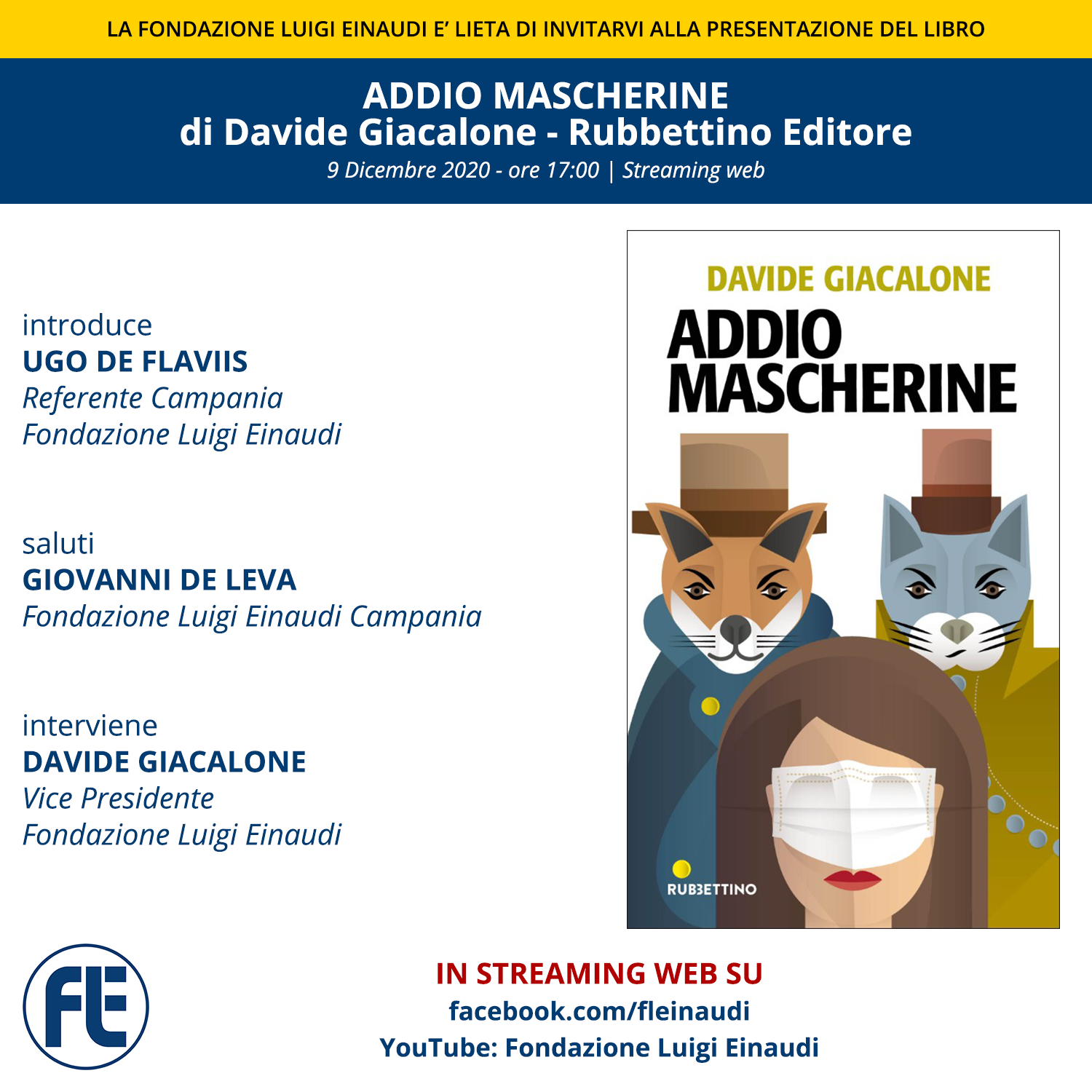 Presentazione del libro “Addio Mascherine” di Davide Giacalone. Con Ugo de Flaviis e Giovanni De Leva