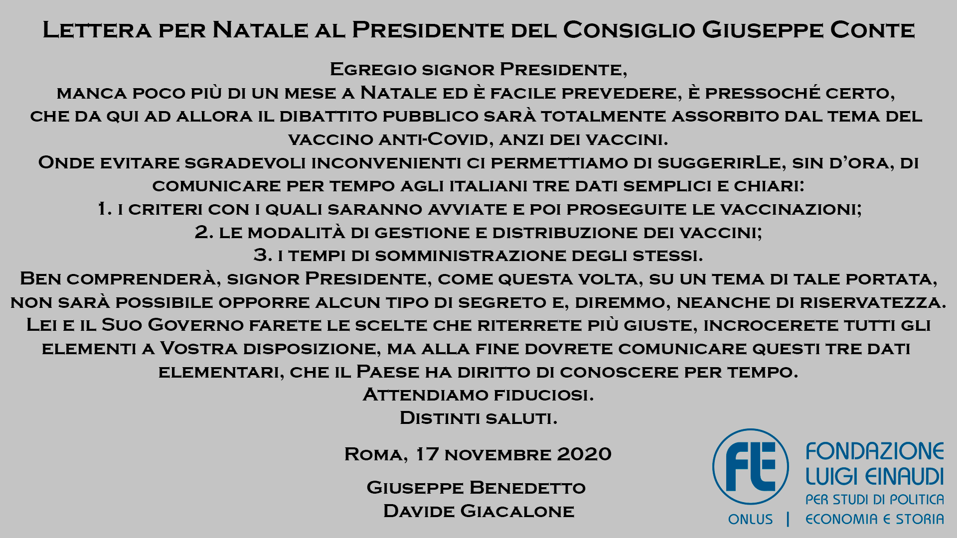 Subscribe the Luigi Einaudi Foundation’s open letter to the Presidente of the Council of Ministers on vaccines