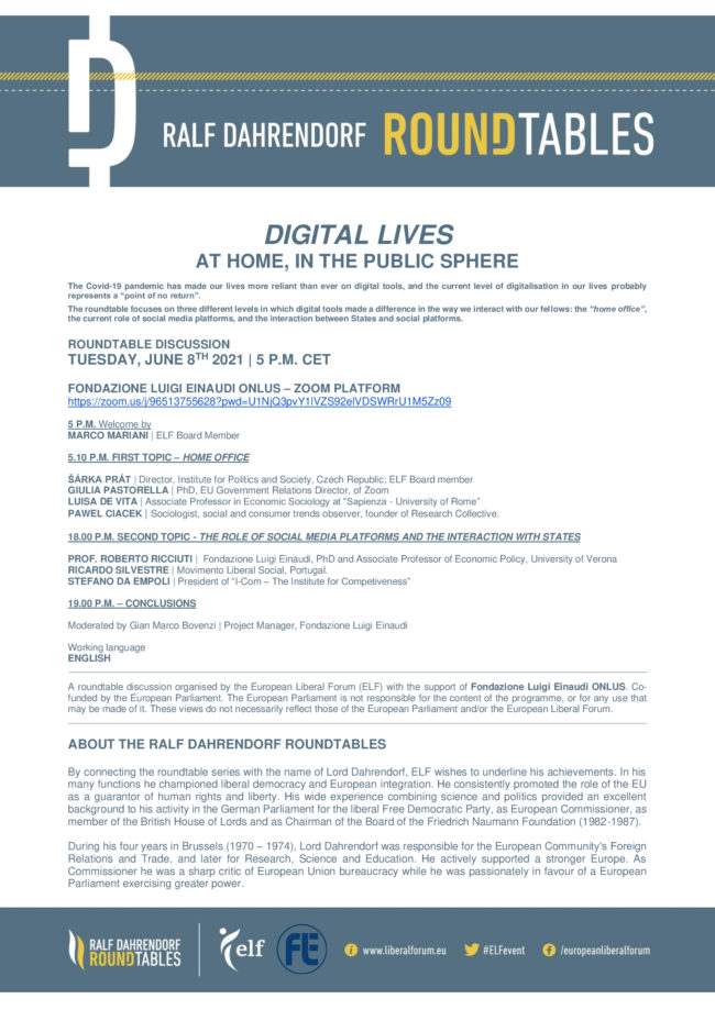 Tuesday, June 8th 2021, 17.00 Ralf Dahrendorf Roundtable “Digital Lives – At Home, in the public Sphere”