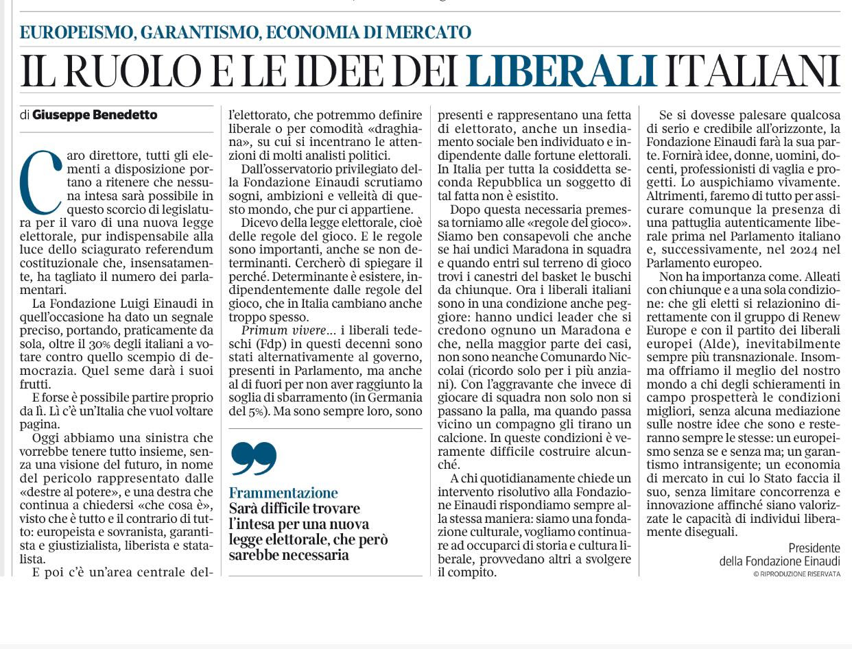 Il ruolo e le idee dei liberali italiani – Articolo del Presidente Giuseppe Benedetto sul Corriere della Sera