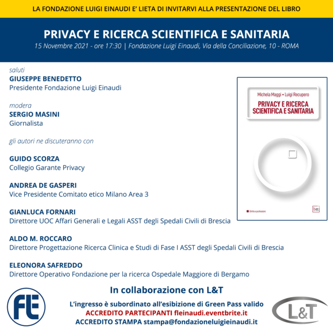 Presentazione del libro “Privacy e Ricerca Scientifica e Sanitaria” di Luigi Recupero e Michela Maggi