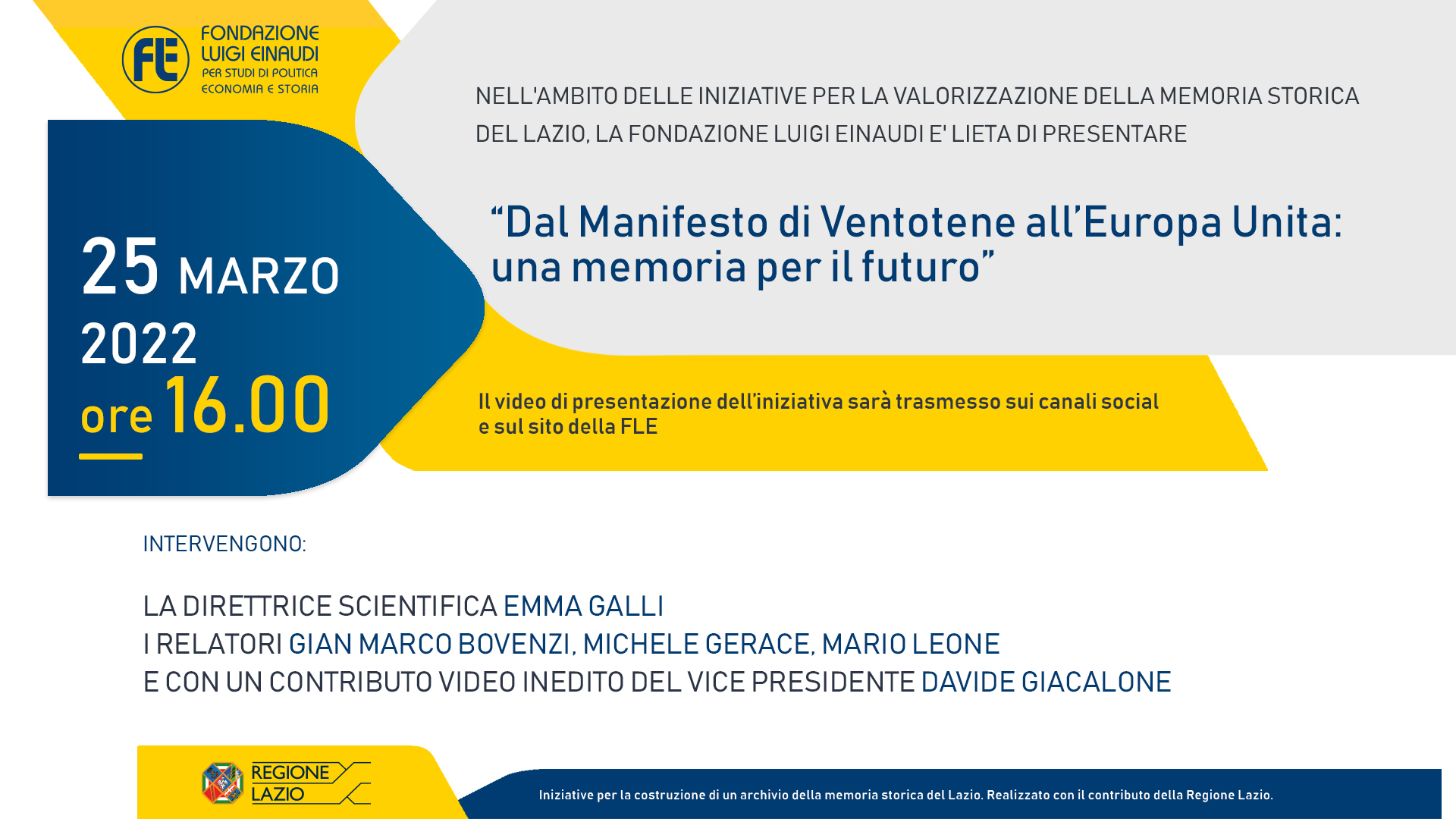Dal Manifesto di Ventotene all’Europa Unita: una Memoria per il futuro – Incontro di presentazione dell’iniziativa