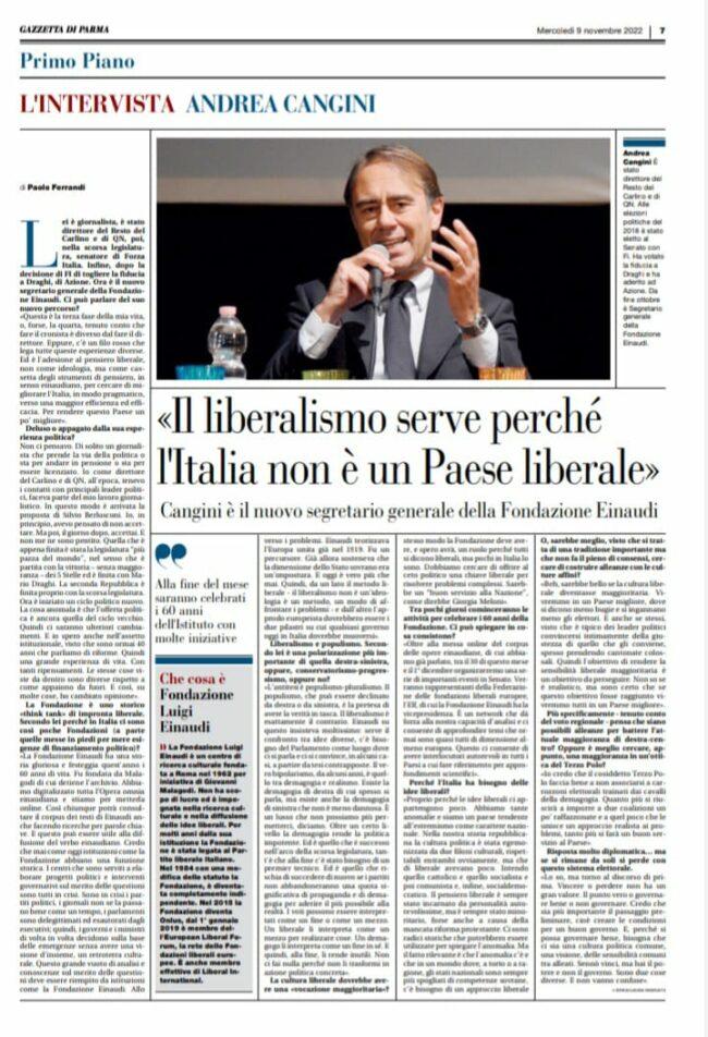 «Il liberalismo serve, perché l'Italia non è un Paese liberale» intervista ad Andrea Cangini su La Gazzetta di Parma