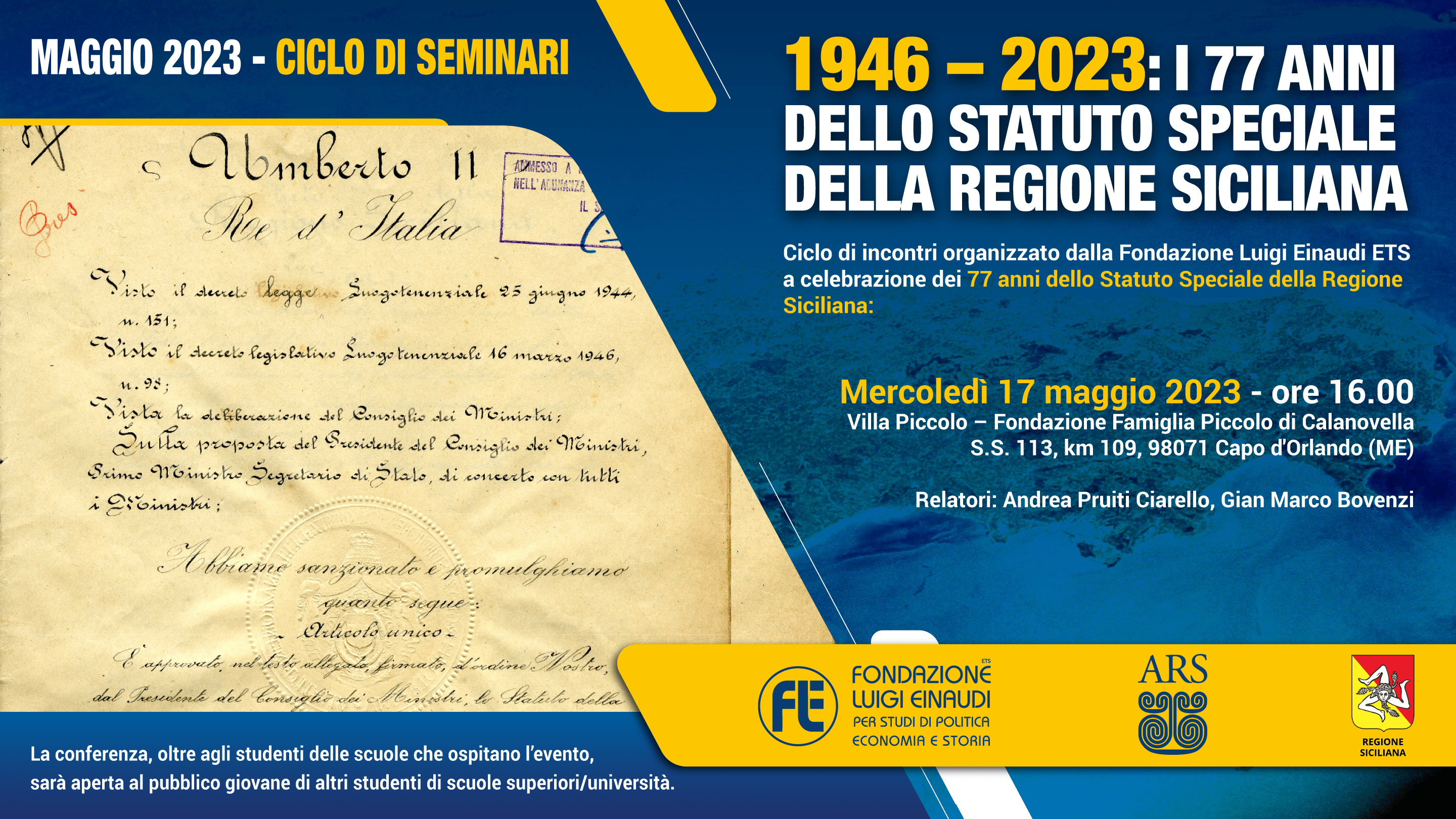 1946-2023: i 77 anni dello statuto speciale della Regione Siciliana – 17 maggio 2023