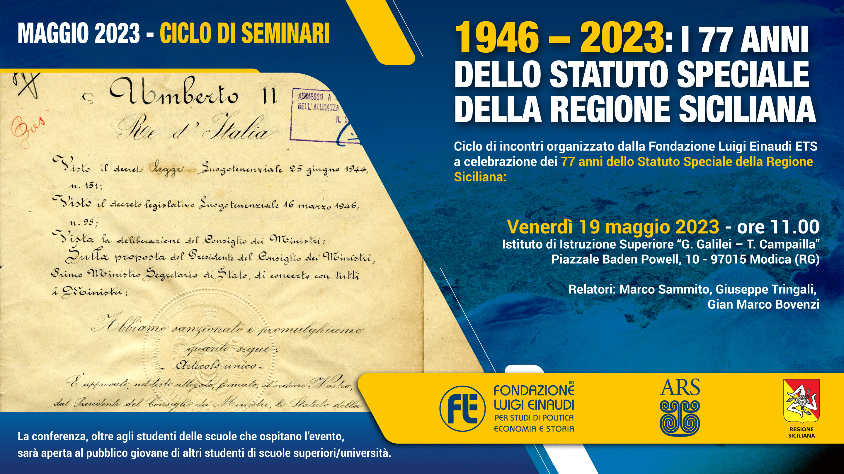 1946-2023: i 77 anni dello statuto speciale della Regione Siciliana – 19 maggio 2023