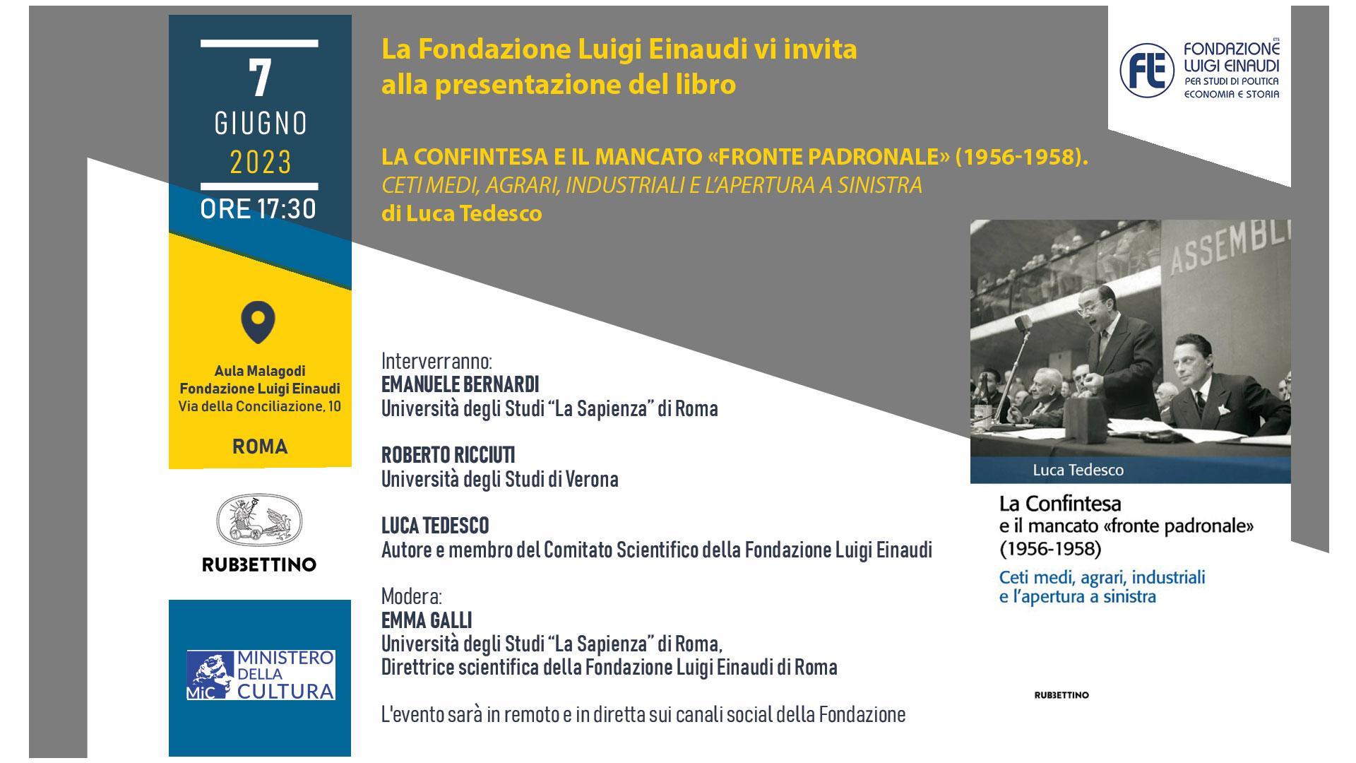 Presentazione del libro “La Confintesa e il mancato «fronte padronale» (1956-1958) Ceti medi, agrari, industriali e l’apertura a sinistra” di Luca Tedesco