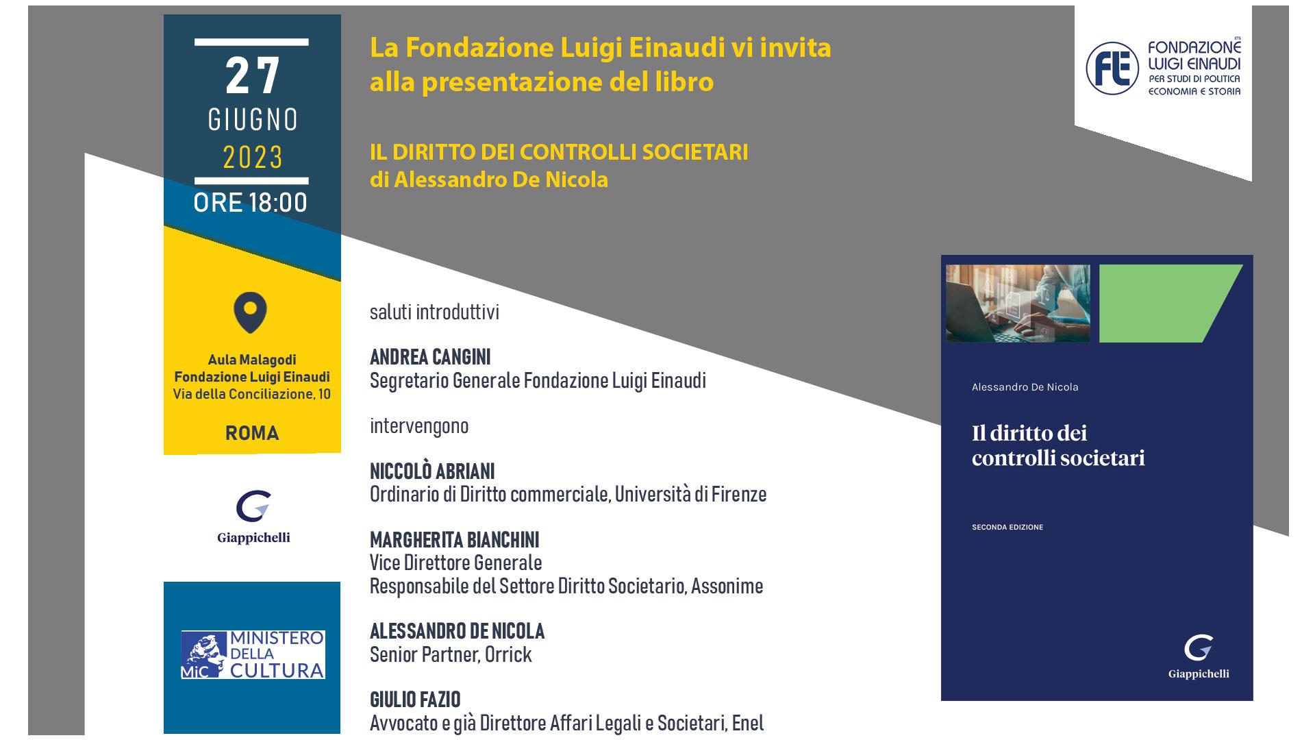 Presentazione del libro “Il diritto dei controlli societari” di Alessandro De Nicola