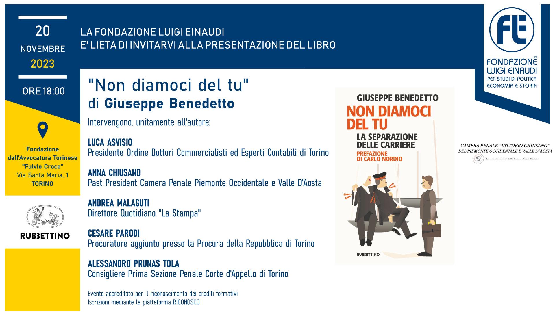 Presentazione del libro “Non diamoci del Tu – La separazione delle carriere” – 20 novembre 2023, Torino