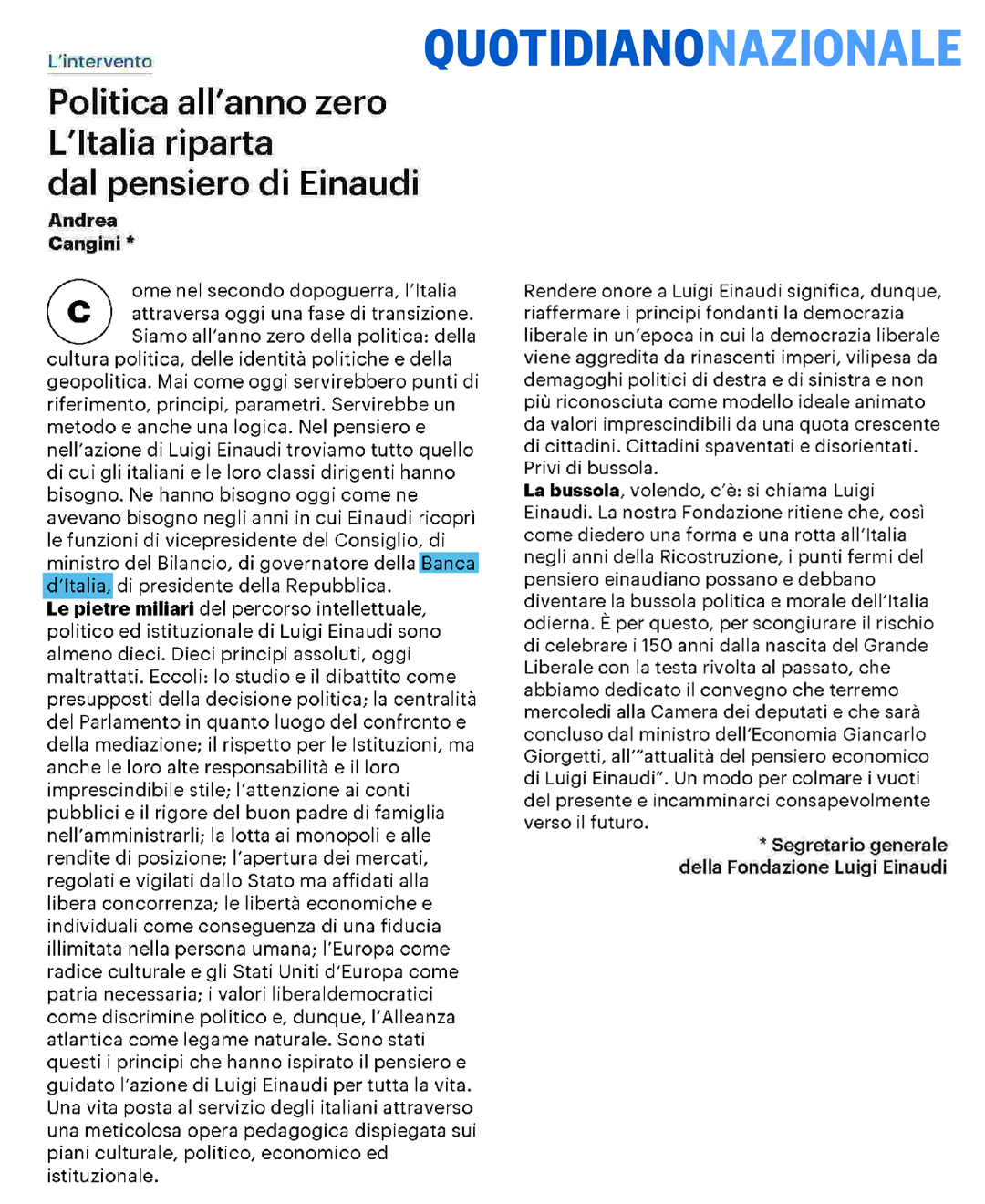 Politica all’anno zero. L’Italia riparta dal pensiero di Einaudi