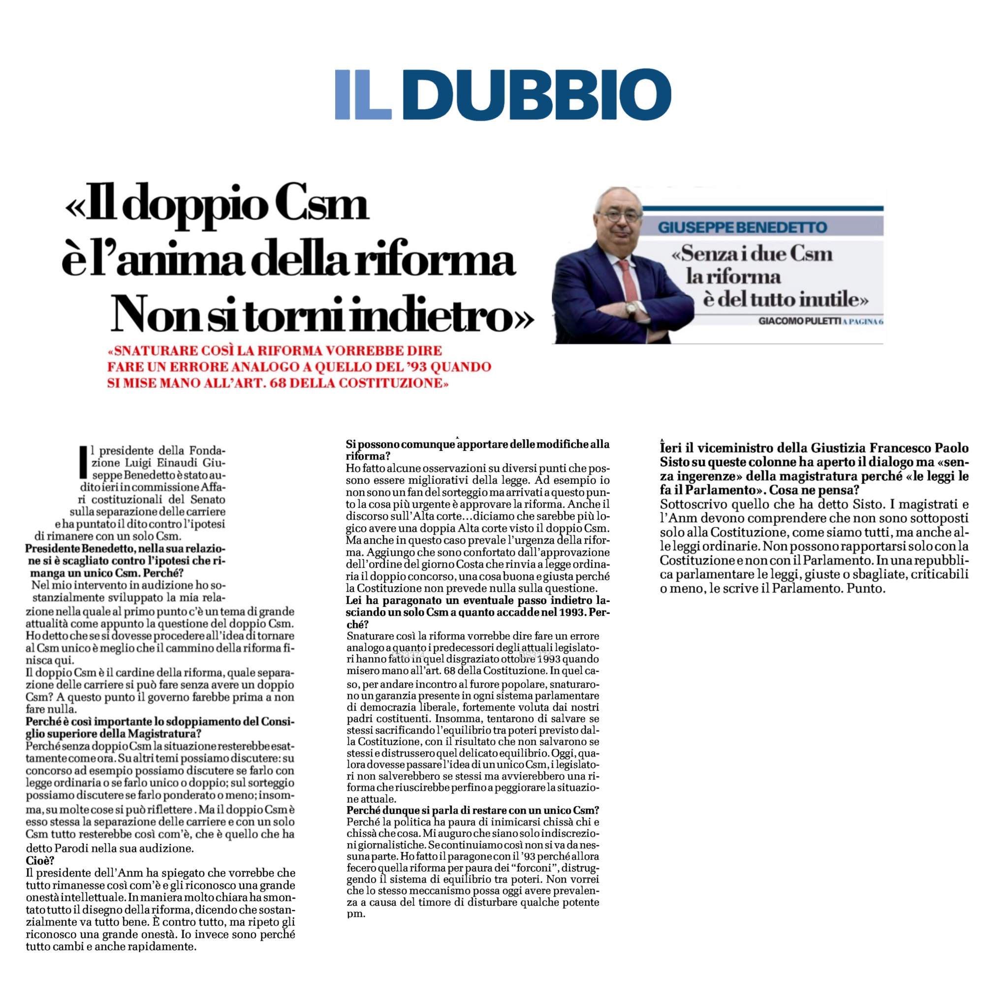 Il doppio CSM è l’anima della riforma. Non si torni indietro