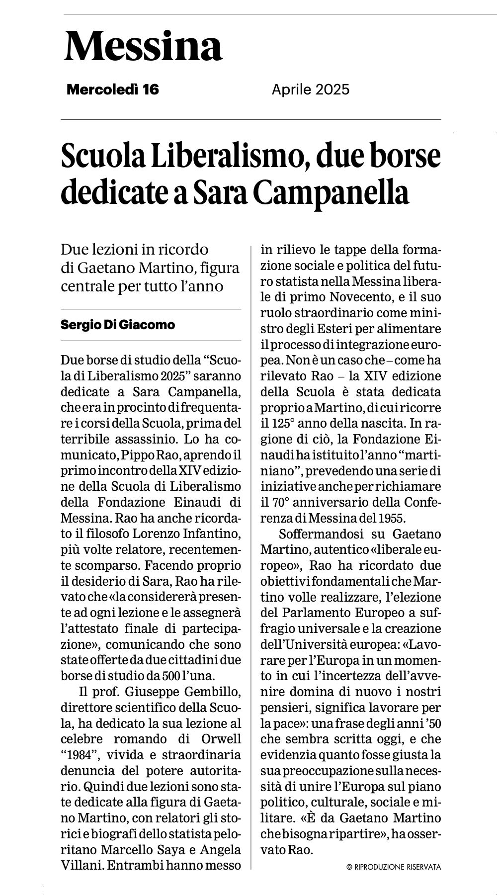 Scuola Liberalismo, due borse dedicate a Sara Campanella