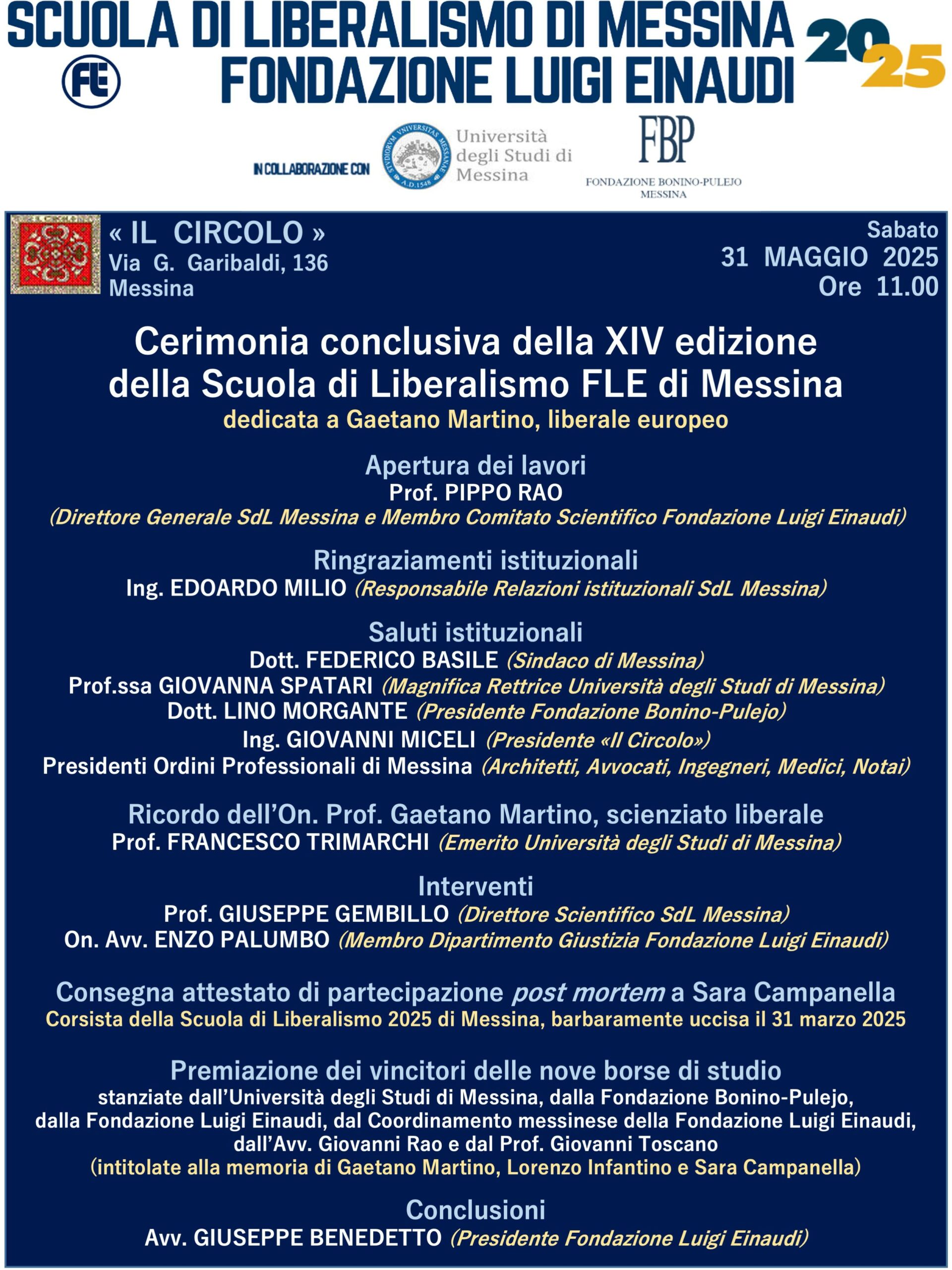 Scuola di Liberalismo 2025 – Messina: Cerimonia conclusiva della XIV edizione della Scuola di Liberalismo FLE di Messina