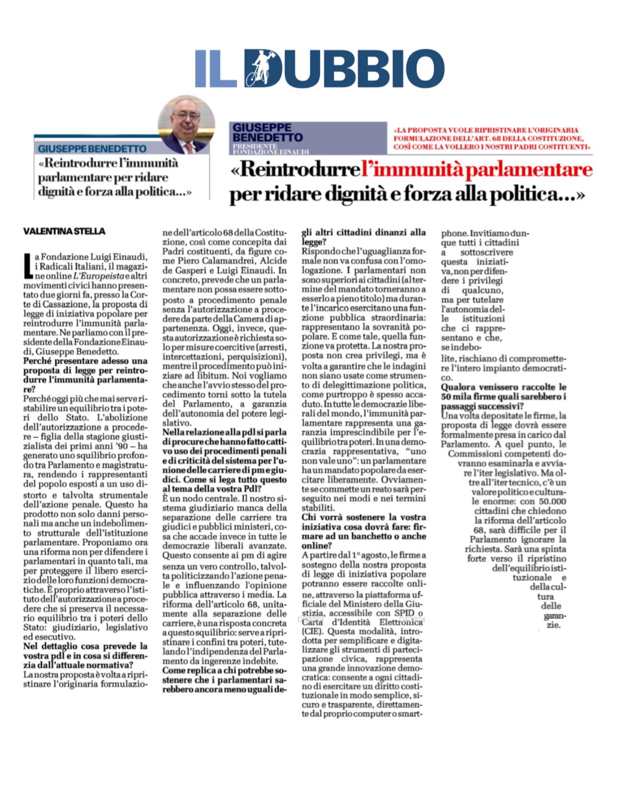Reintrodurre l’immunità parlamentare per ridare dignità e forza alla politica