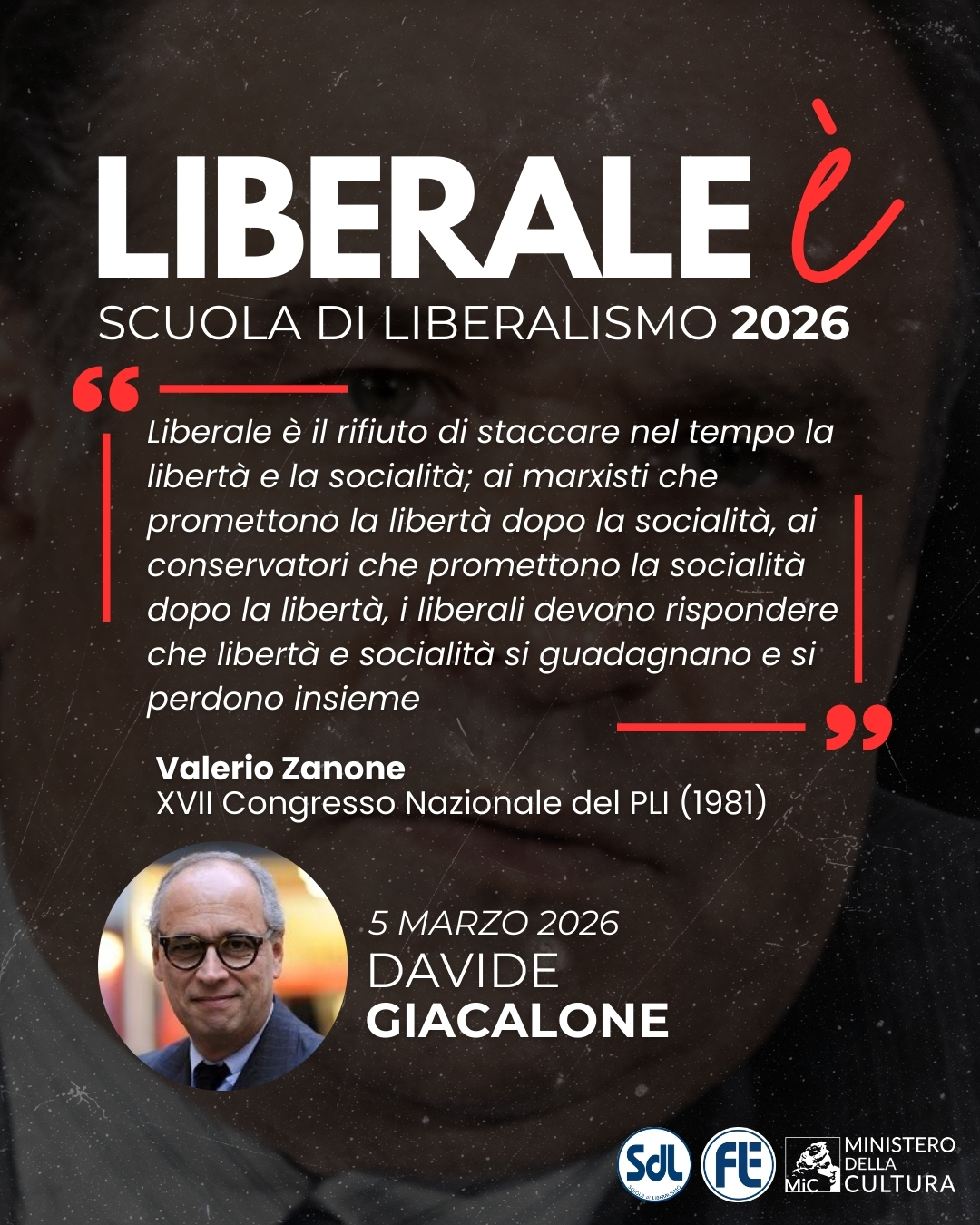 Davide Giacalone: Liberale è il rifiuto di staccare nel tempo la libertà e la socialità; ai marxisti che promettono la libertà dopo la socialità, ai conservatori che promettono la socialità dopo la libertà, i liberali devono rispondere che libertà e socialità si guadagnano e si perdono insieme